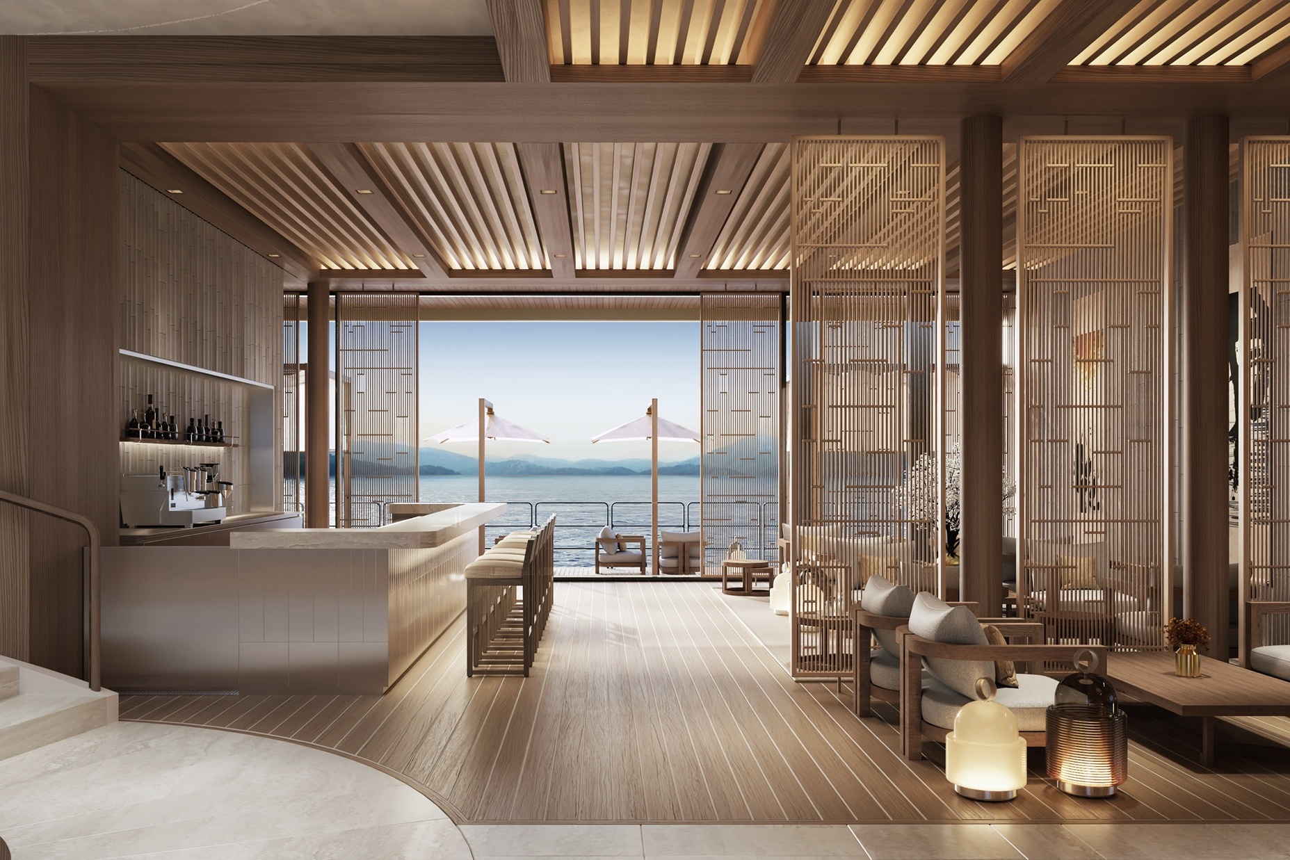 Selora Marina Lounge an Bord der Amangati von Aman at Sea