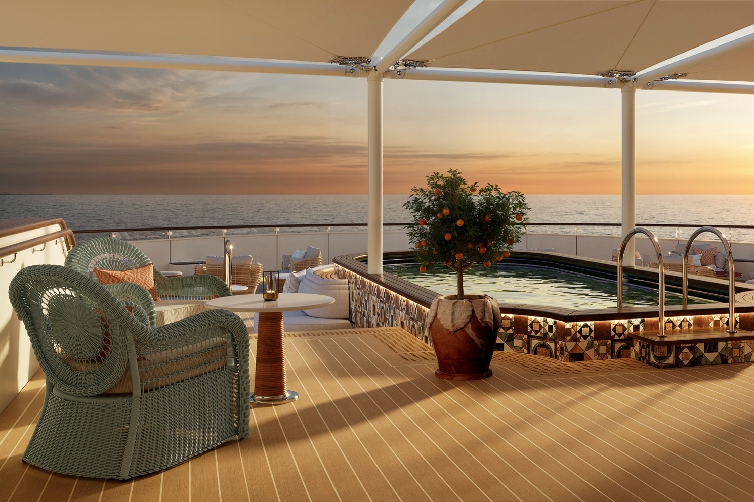 Abendstimmung in der Horizon Lounge an Bord der Four Seasons Yachts