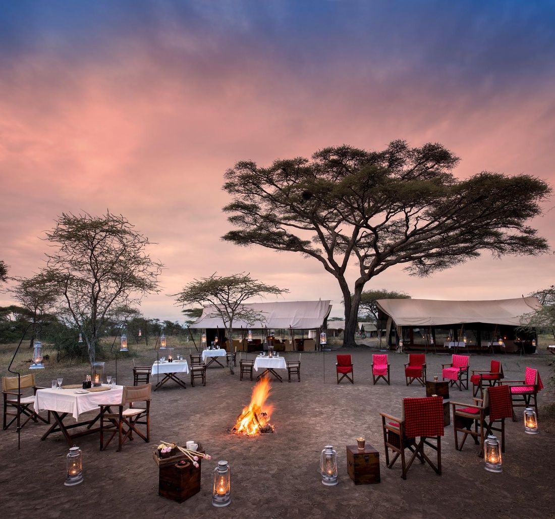 Tische und Stühlen stehen um ein Lagerfeuer herum.