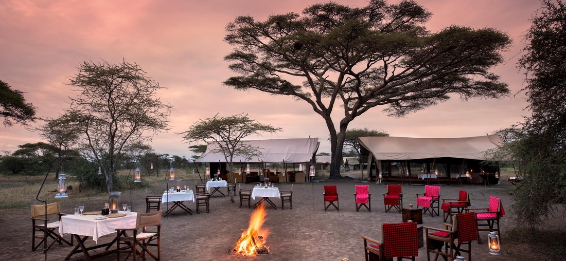 Tische und Stühlen stehen um ein Lagerfeuer herum.