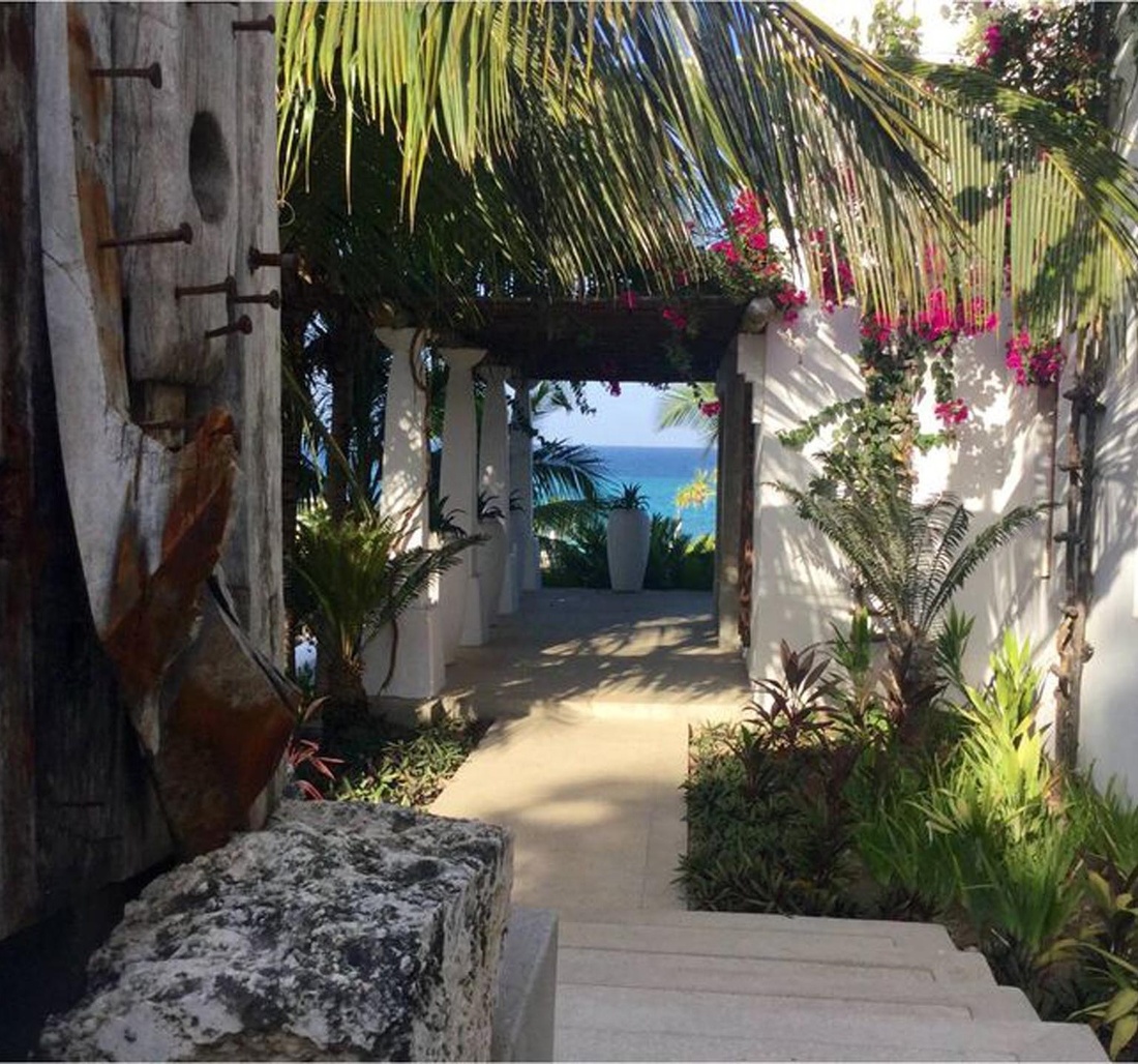 Eingang eines Hauses umgeben von Palmen.