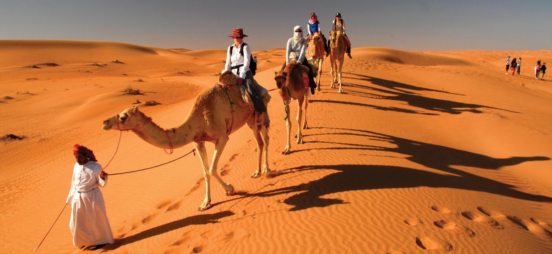 Mehrere Personen bei einer Wüstentour auf Kamelen.