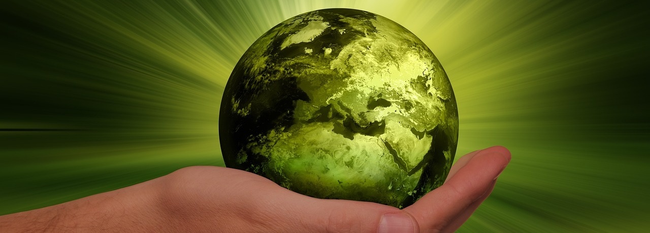 Eine Hand hält eine grüne Erde, als Symbol für Nachhaltigkeit.