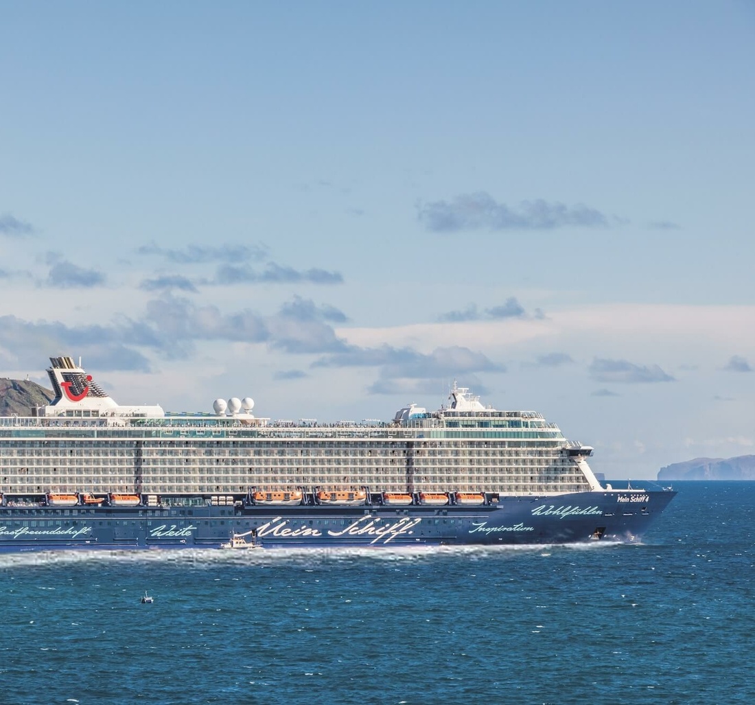 Blick auf ein großes Kreuzfahrtschiff.