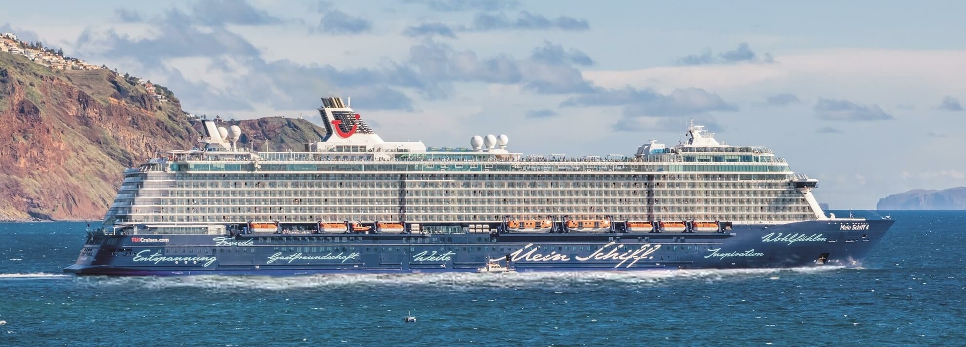 Blick auf ein großes Kreuzfahrtschiff.