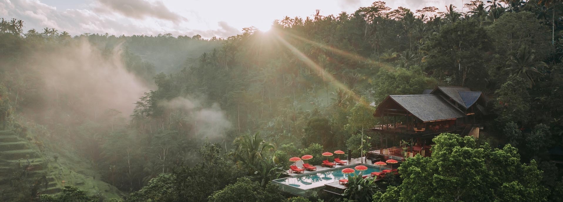 Eine Unterkunft mit Pool umgeben von Bäumen.