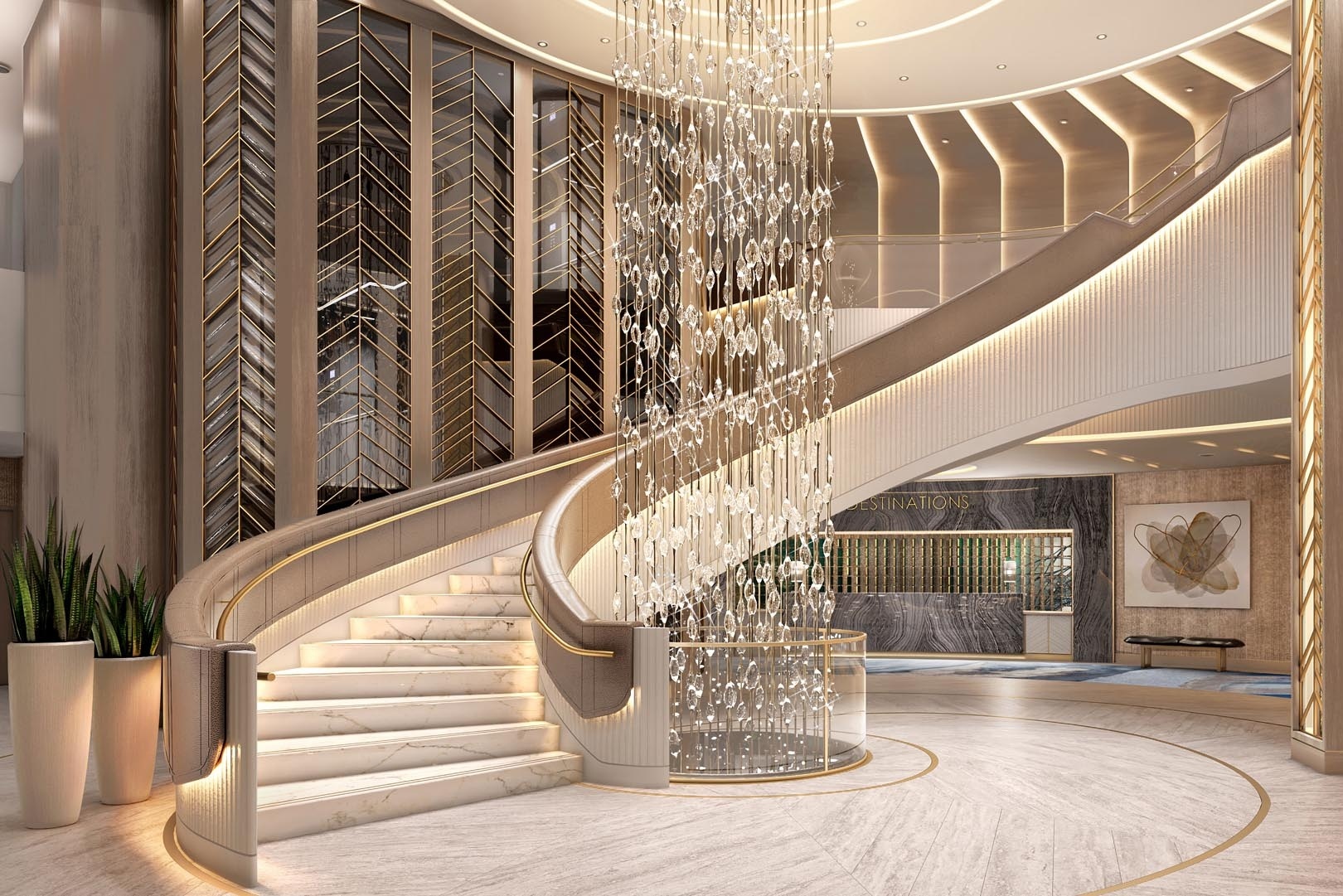 Eine große luxuriöse Wendeltreppe.