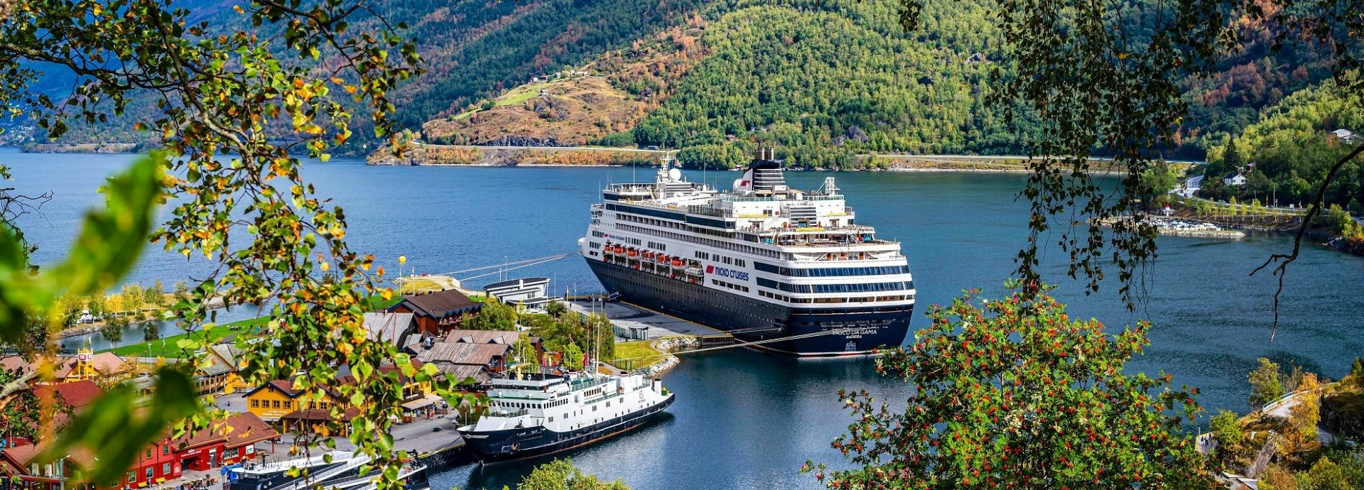 Ein Kreuzschiff liegt in einem Hafen.