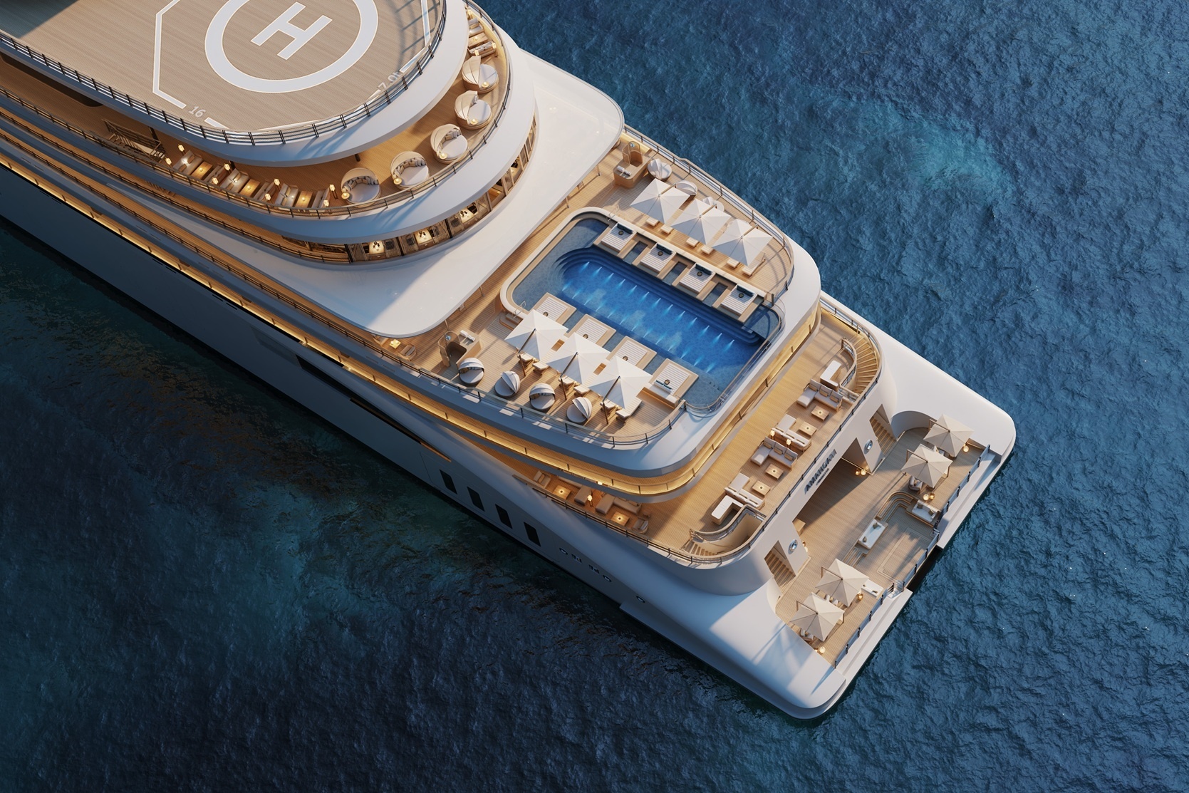 Drohnenaufnahme des Poolbereichs an Bord der Amangati von Aman at Sea